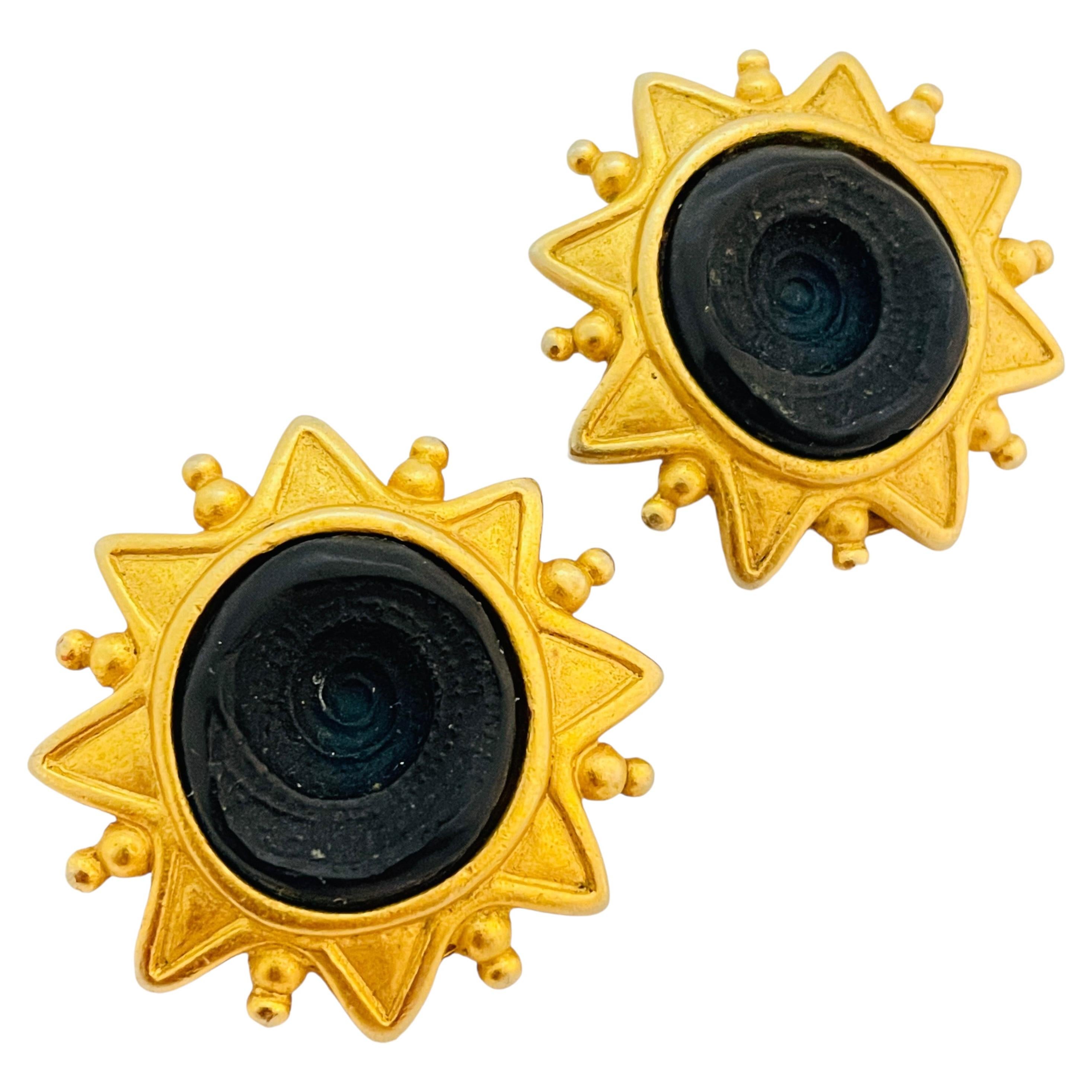 Vintage matt gold Glas riesigen Clip auf Designer Landebahn Ohrringe