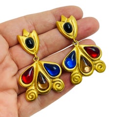 Vintage matte gold jewel tone glass designer dangle earrings