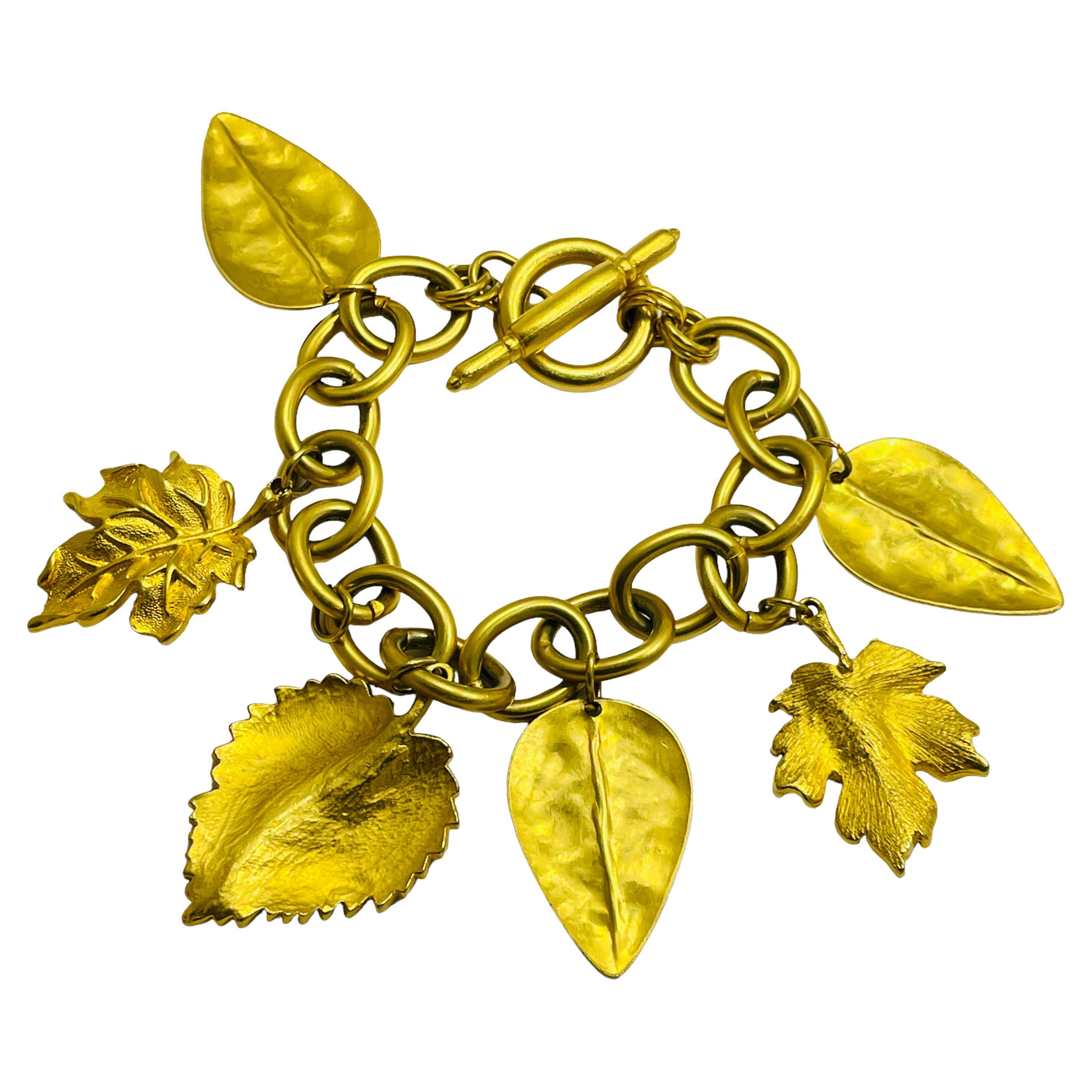 Vintage matte gold leaf charm chain designer runway bracelet For Sale