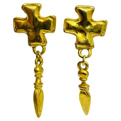 Vintage matte gold maltese cross dangle designer runway clip on earrings