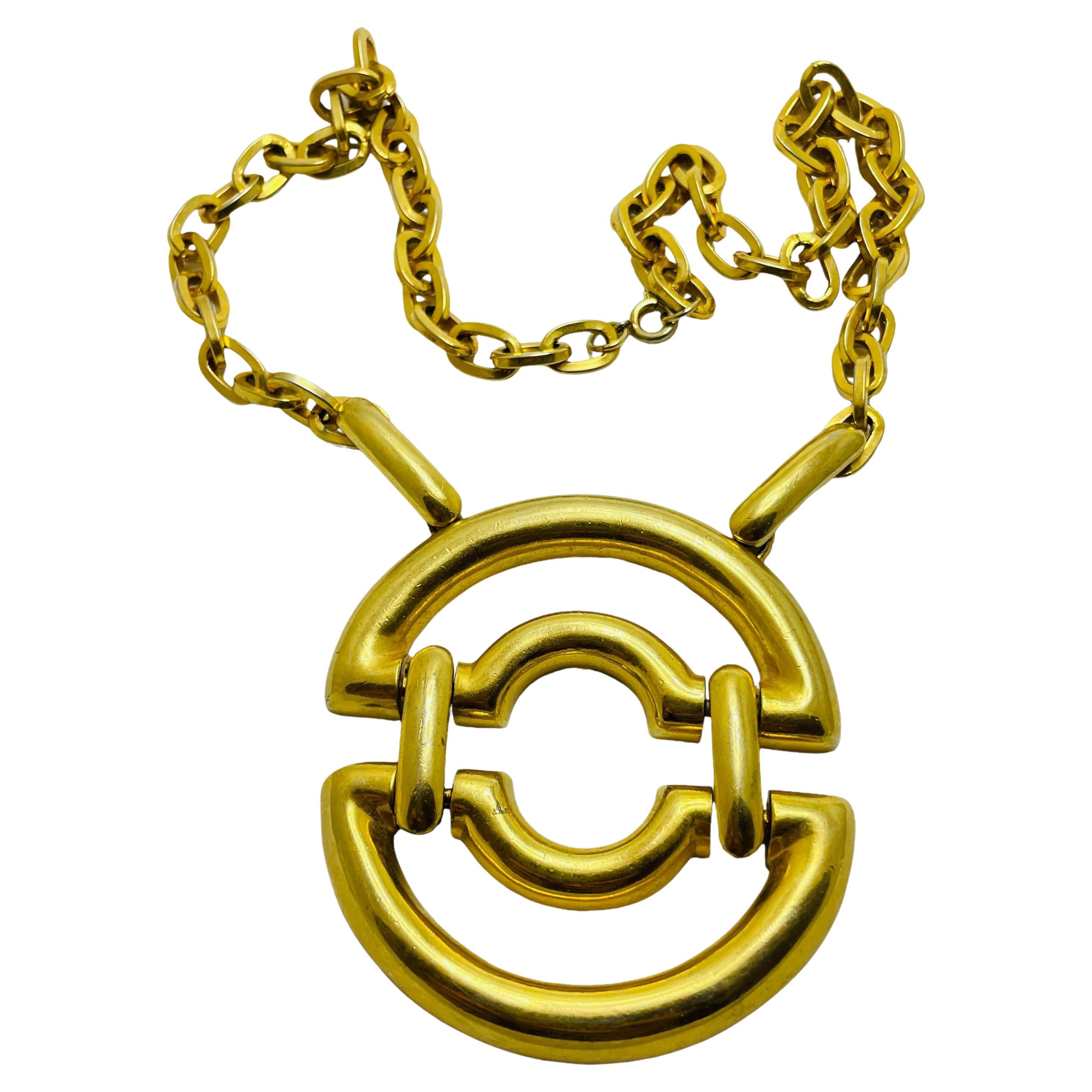 Vintage matte gold modernist geometric designer chain necklace For Sale