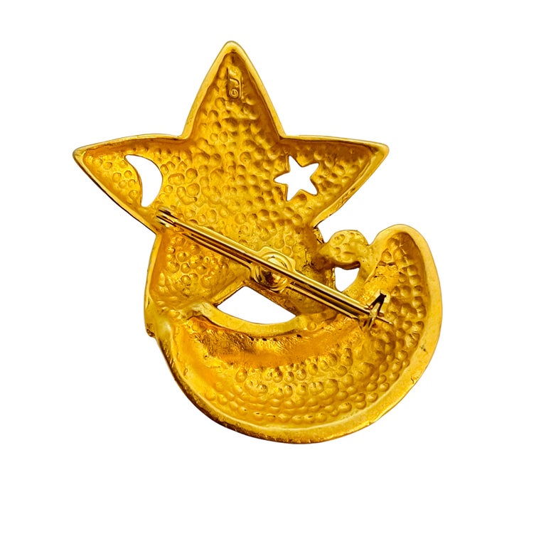 Vintage matte gold moon star rhinestone designer runway brooch For Sale ...