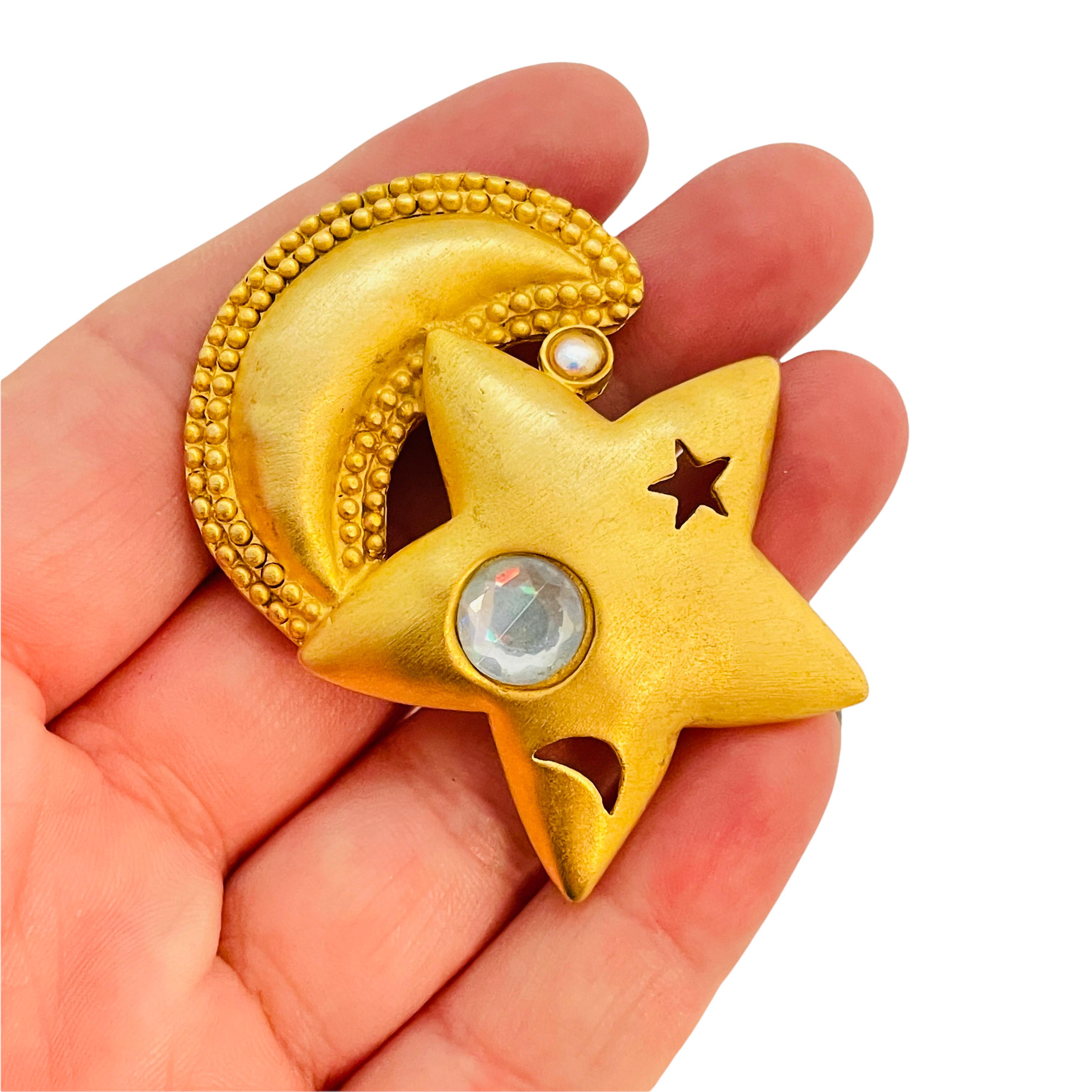Women's Vintage matte gold moon star rhinestone designer runway brooch