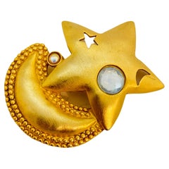 Vintage matte gold moon star rhinestone designer runway brooch