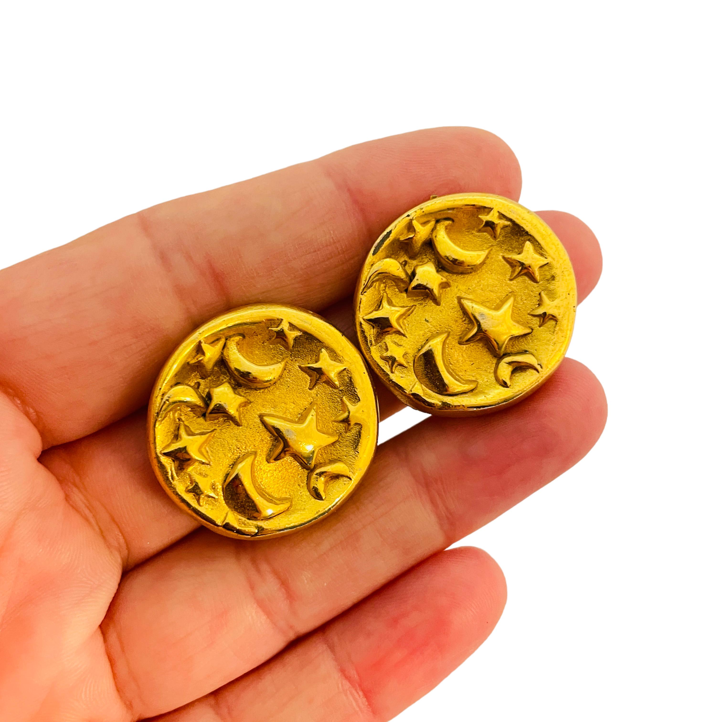 Women's or Men's Vintage matte gold moon stars designer runway clip on earrings For Sale