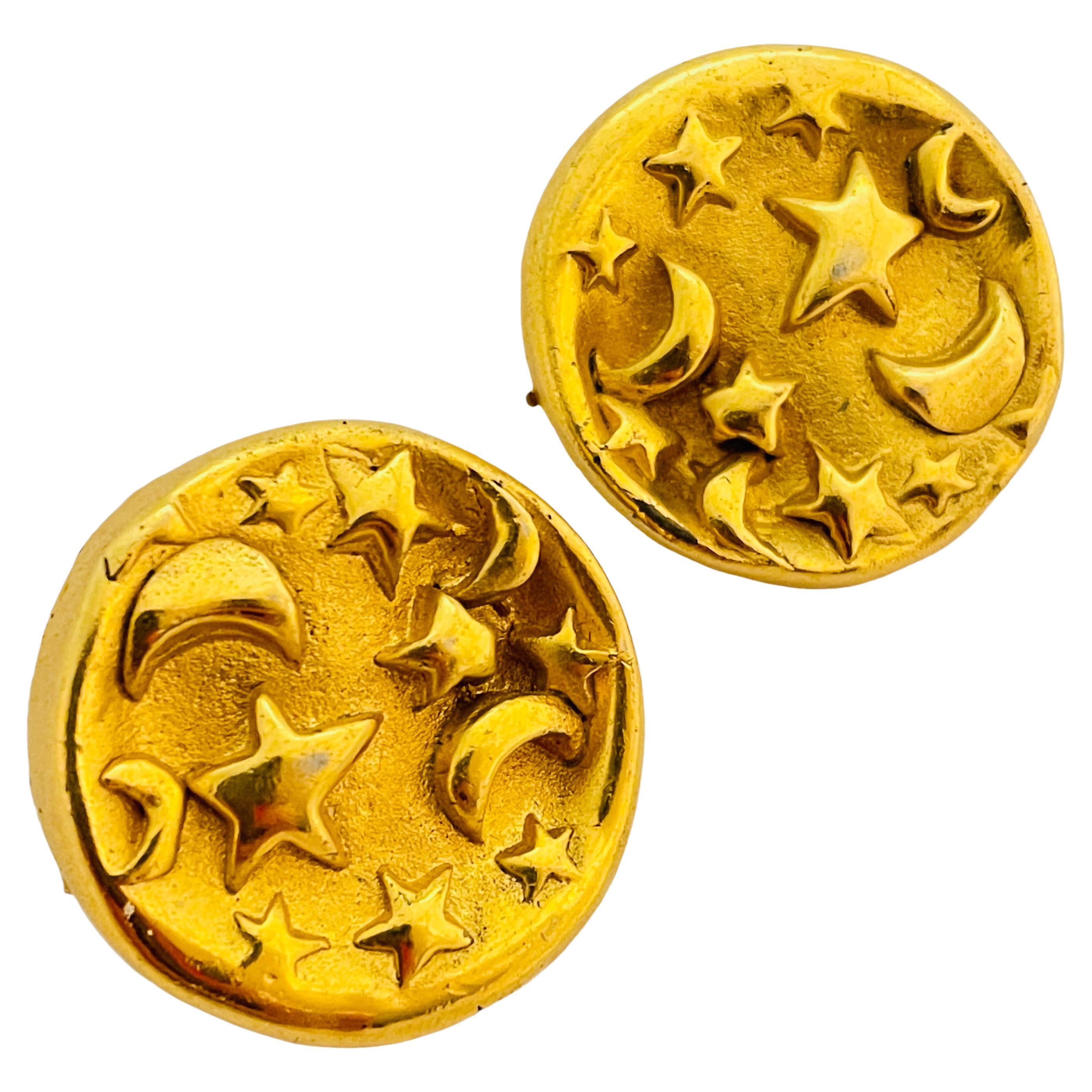 Vintage matte gold moon stars designer runway clip on earrings For Sale