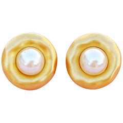 Vintage Matte Gold Pearl Button Earrings, 1980s
