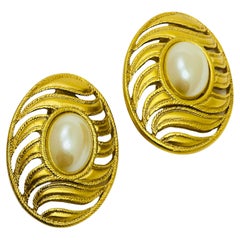 Vintage matte gold pearl huge designer runway clip on earrings