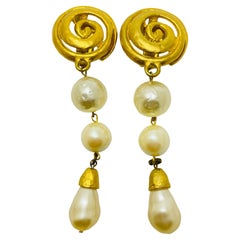 Vintage matte gold pearl long designer runway clip on earrings