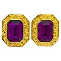 Vintage matte gold purple glass designer runway clip on earrings Vintage matte gold purple glass designer runway clip on earrings