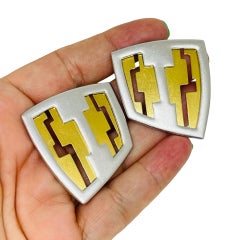 Vintage matte gold silver tone modernist geometric designer pierced earrings
