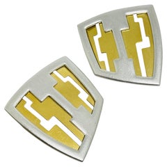 Vintage matte gold silver tone modernist geometric designer pierced earrings