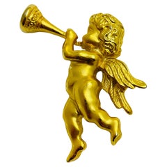 Vintage matte gold tone cherub angel designer brooch