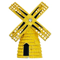 Vintage matte gold tone enamel rhinestone windmill designer brooch