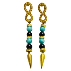 Vintage matte gold tone Etruscan glass beads designer runway clip on earrings