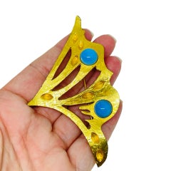 Vintage matte gold tone faux turquoise massive designer brooch