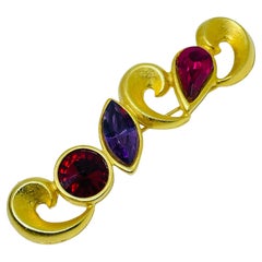 Vintage matte gold tone pink purple glass stones designer brooch