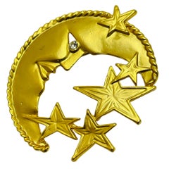 Vintage matte gold tone rhinestone massive moon stars designer brooch