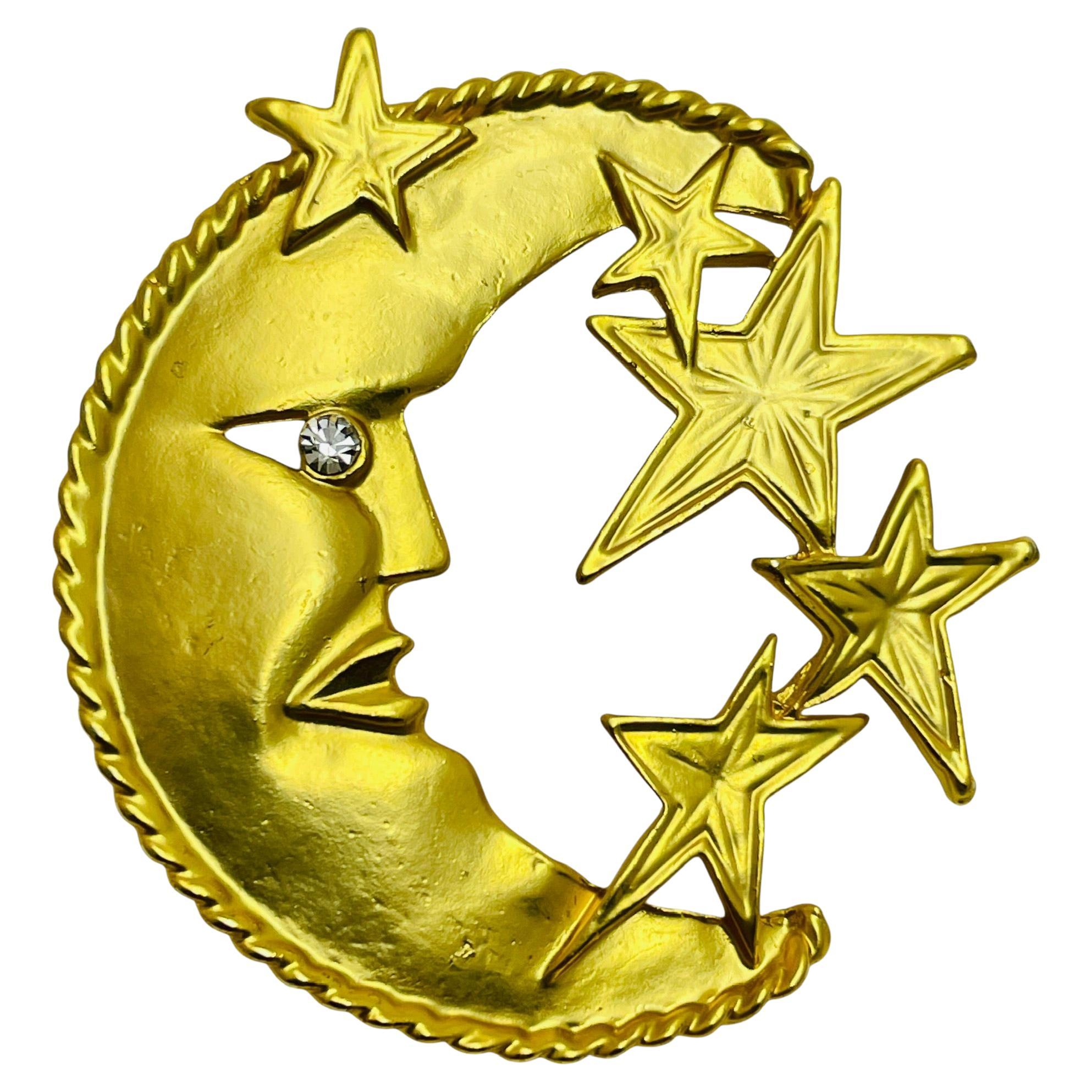 Vintage matte gold tone rhinestone massive moon stars designer brooch