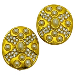 Vintage mate tono oro perlas de diamantes de imitación enorme diseñador clip en pendientes