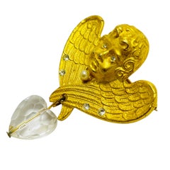 Vintage matte gold tone rhinestones cherub angel designer brooch