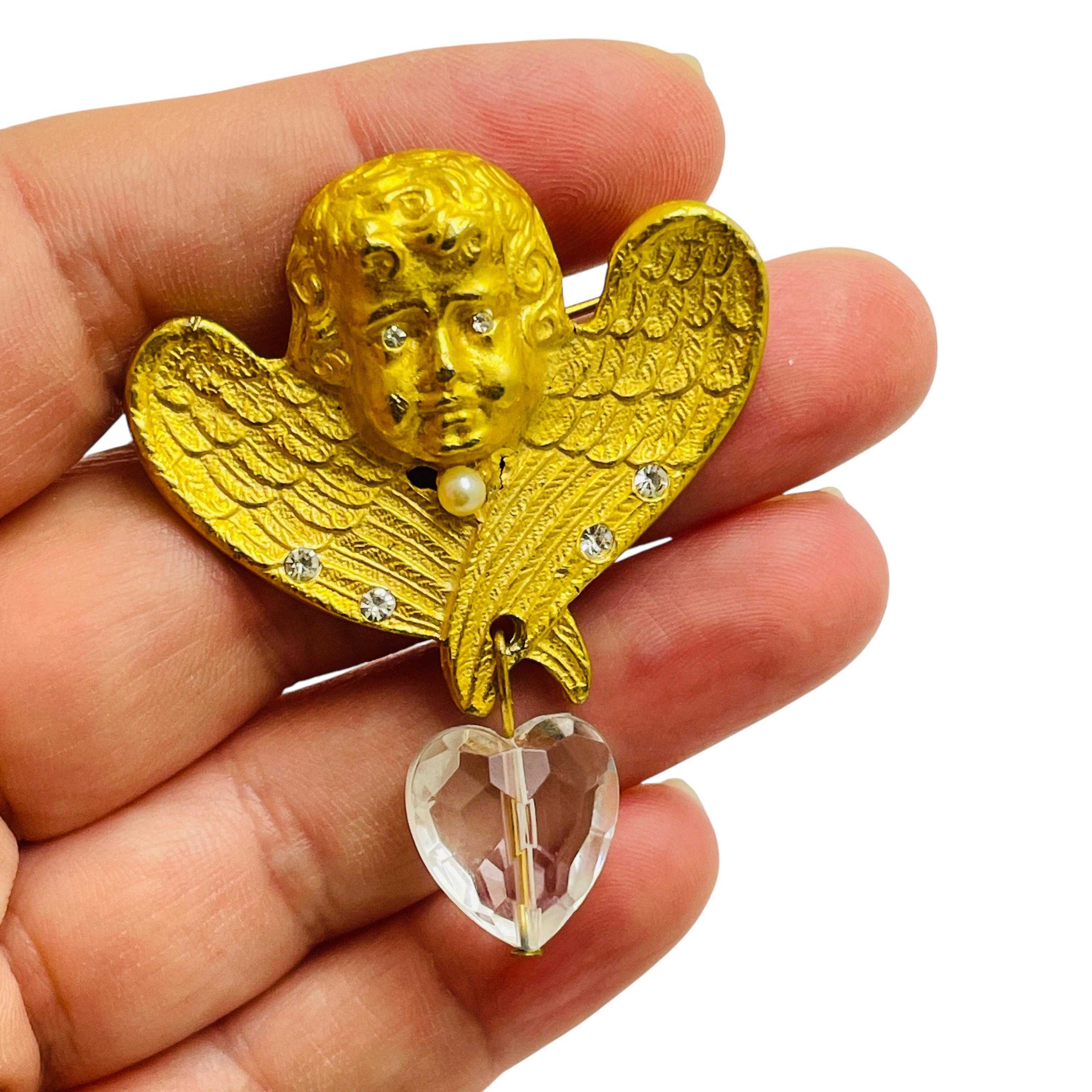 Women's Vintage matte gold tone rhinestones cherub angel designer brooch For Sale