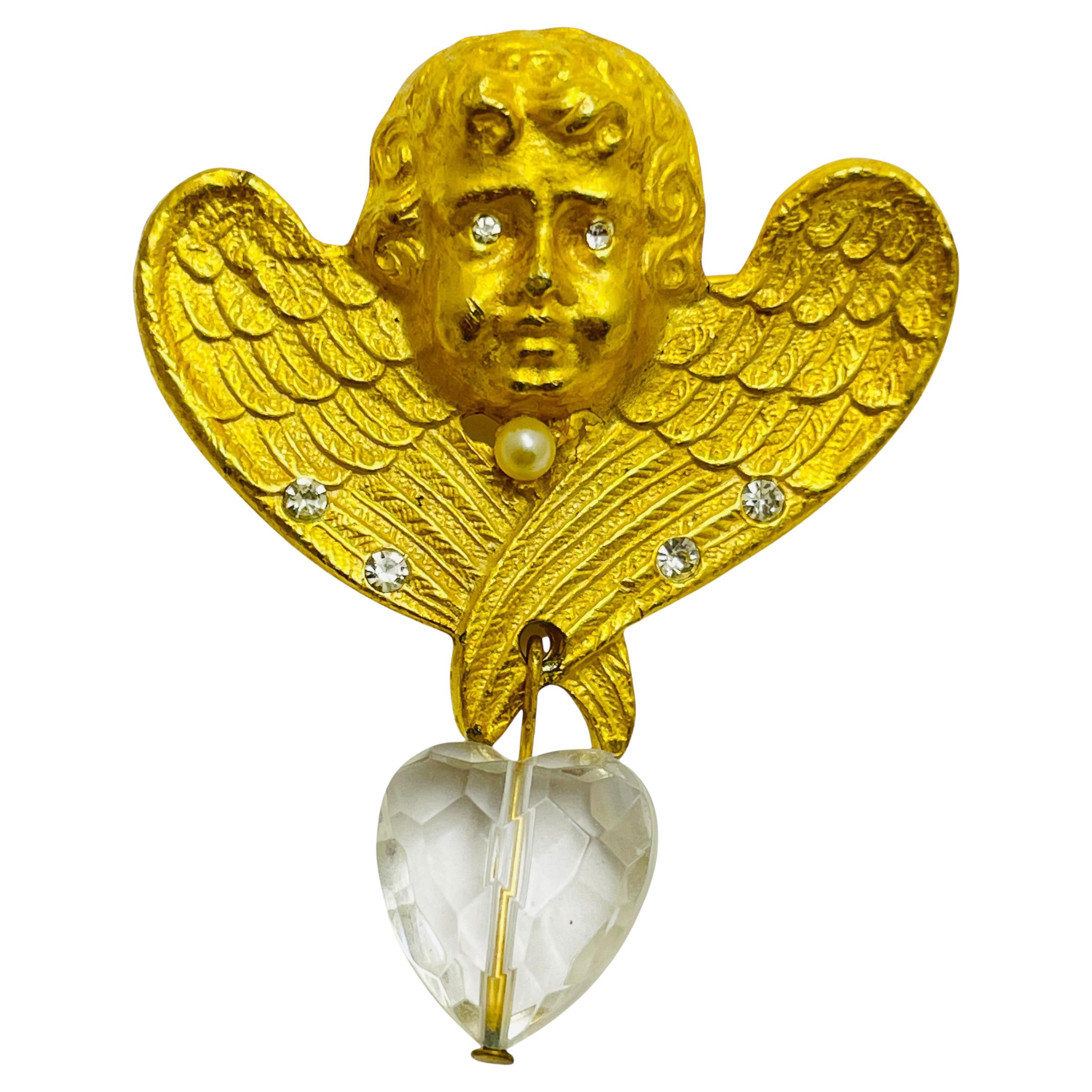 Vintage matte gold tone rhinestones cherub angel designer brooch For Sale