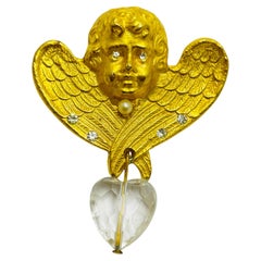 Vintage matte gold tone rhinestones cherub angel designer brooch