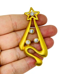 Vintage matte gold tone rhinestones Christmas tree designer brooch
