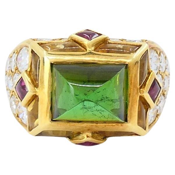 Anello vintage Mauboussin in oro 18k con tormalina Sugarloaf e diamanti in vendita