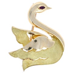 Vintage Mauboussin 18 Karat Yellow and Rose Gold Ruby Swan Brooch