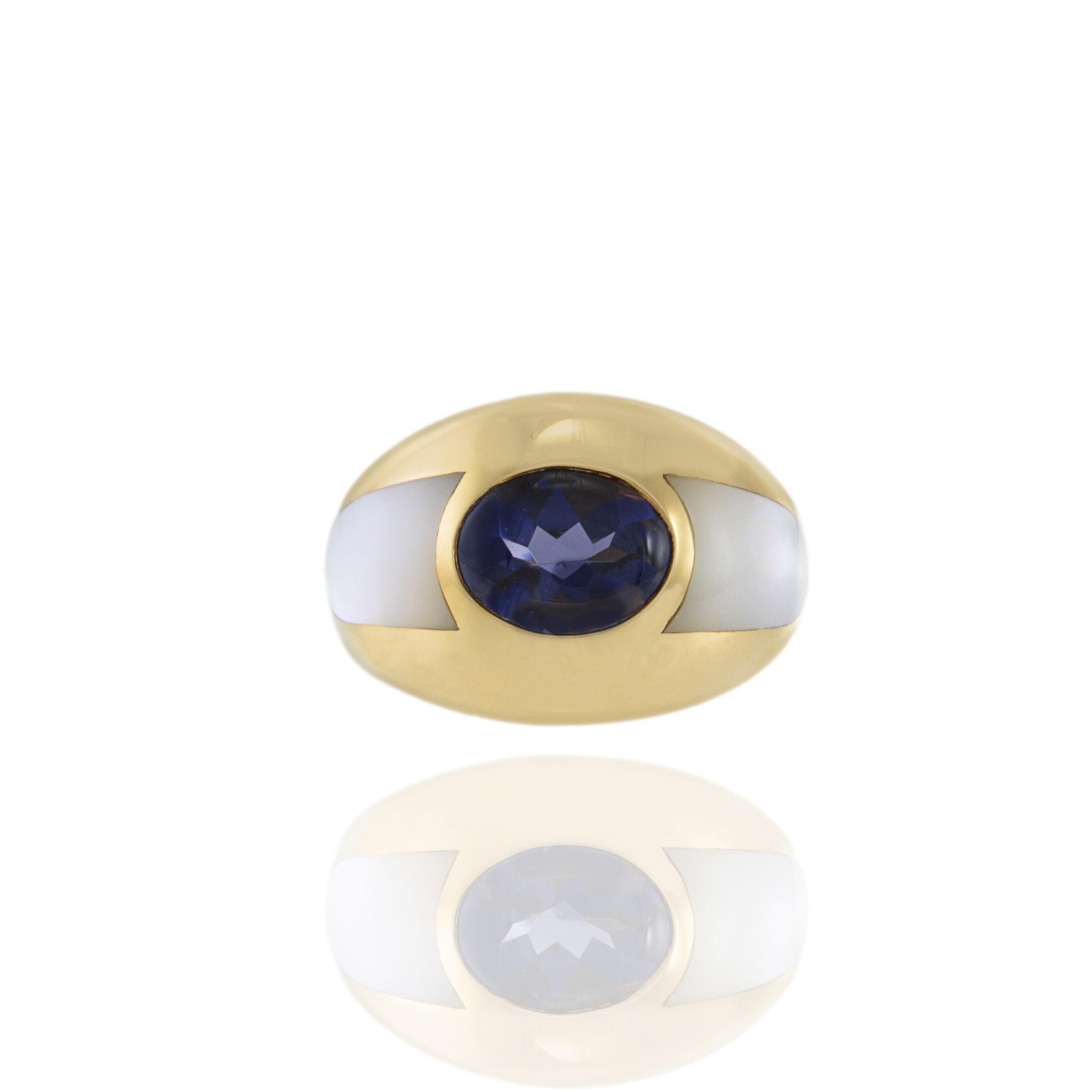 Modernist Vintage Mauboussin 18KT Yellow Gold Blue Iolite Dome Ring For Sale
