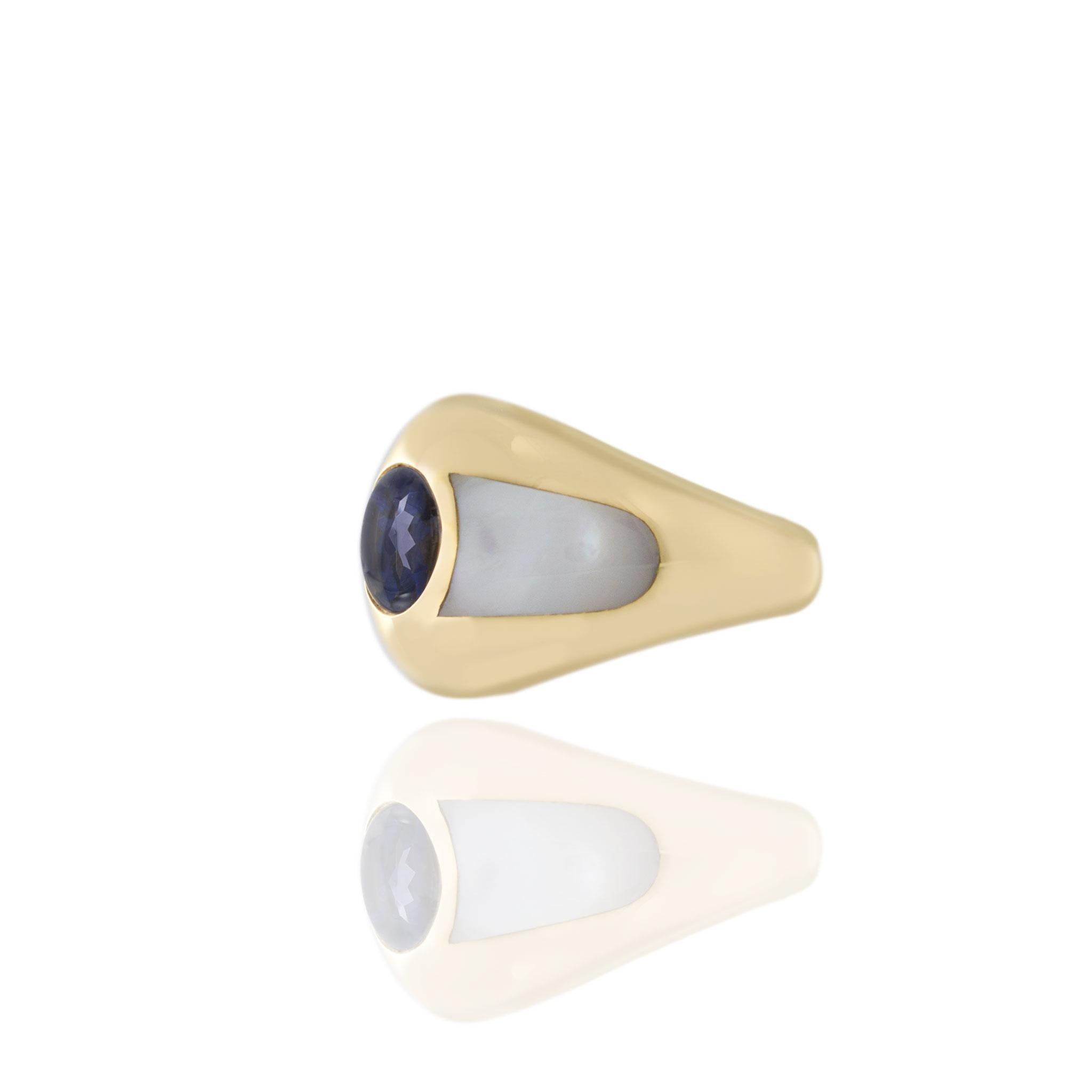 Oval Cut Vintage Mauboussin 18KT Yellow Gold Blue Iolite Dome Ring For Sale