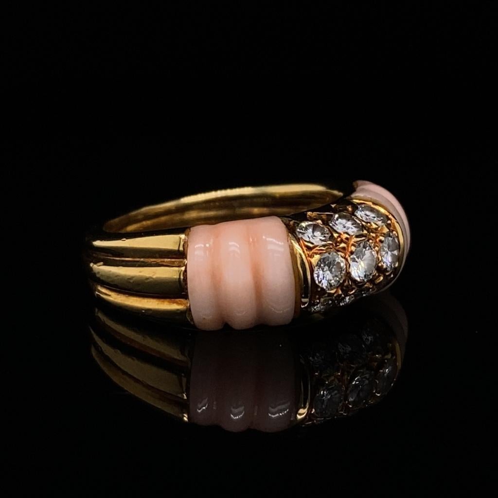 Retro Vintage Mauboussin Angel Skin Coral 18 Karat Yellow Gold Diamond Ring For Sale