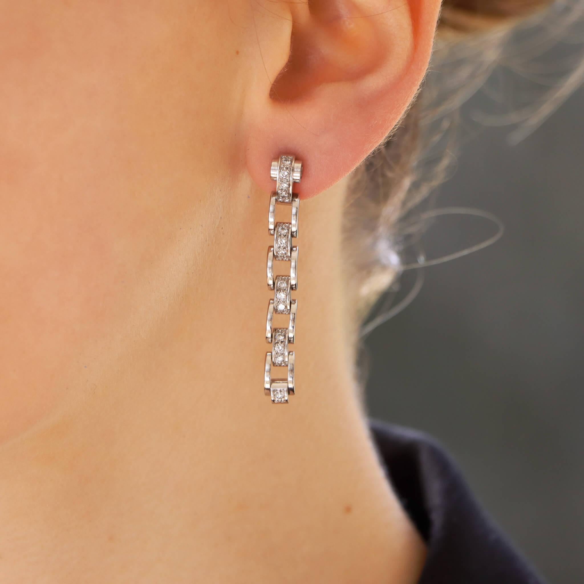 Modern Vintage Mauboussin Diamond Chain Drop Earrings Set in 18k White Gold
