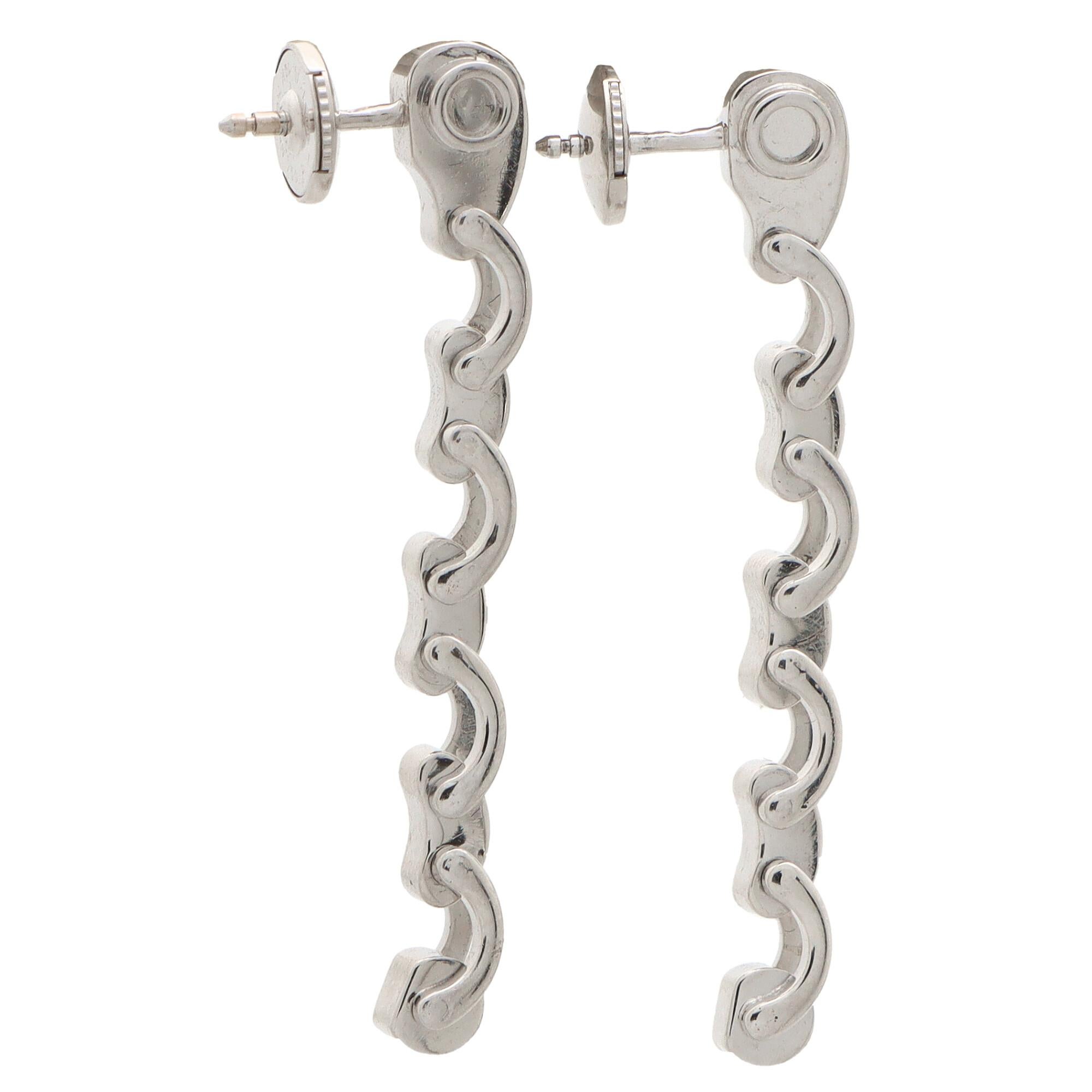 Round Cut Vintage Mauboussin Diamond Chain Drop Earrings Set in 18k White Gold