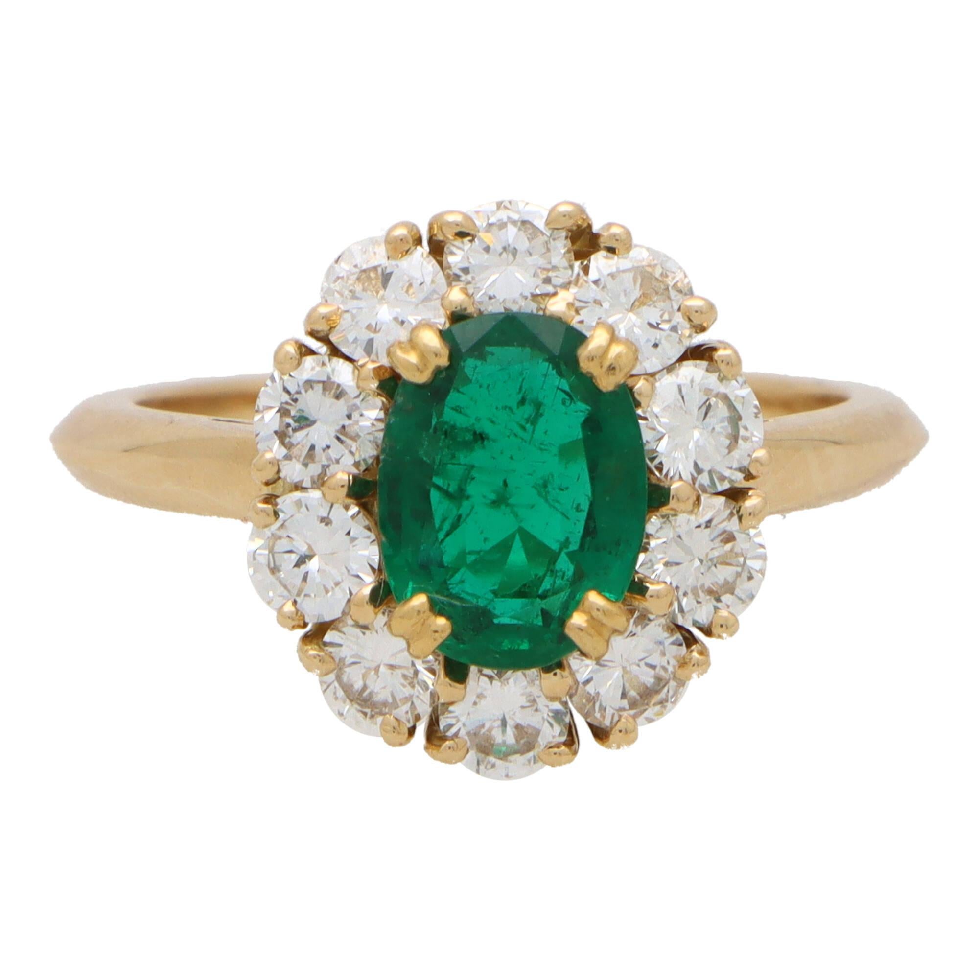 Modern Vintage Mauboussin Emerald and Diamond Cluster Ring Set in 18k Yellow Gold