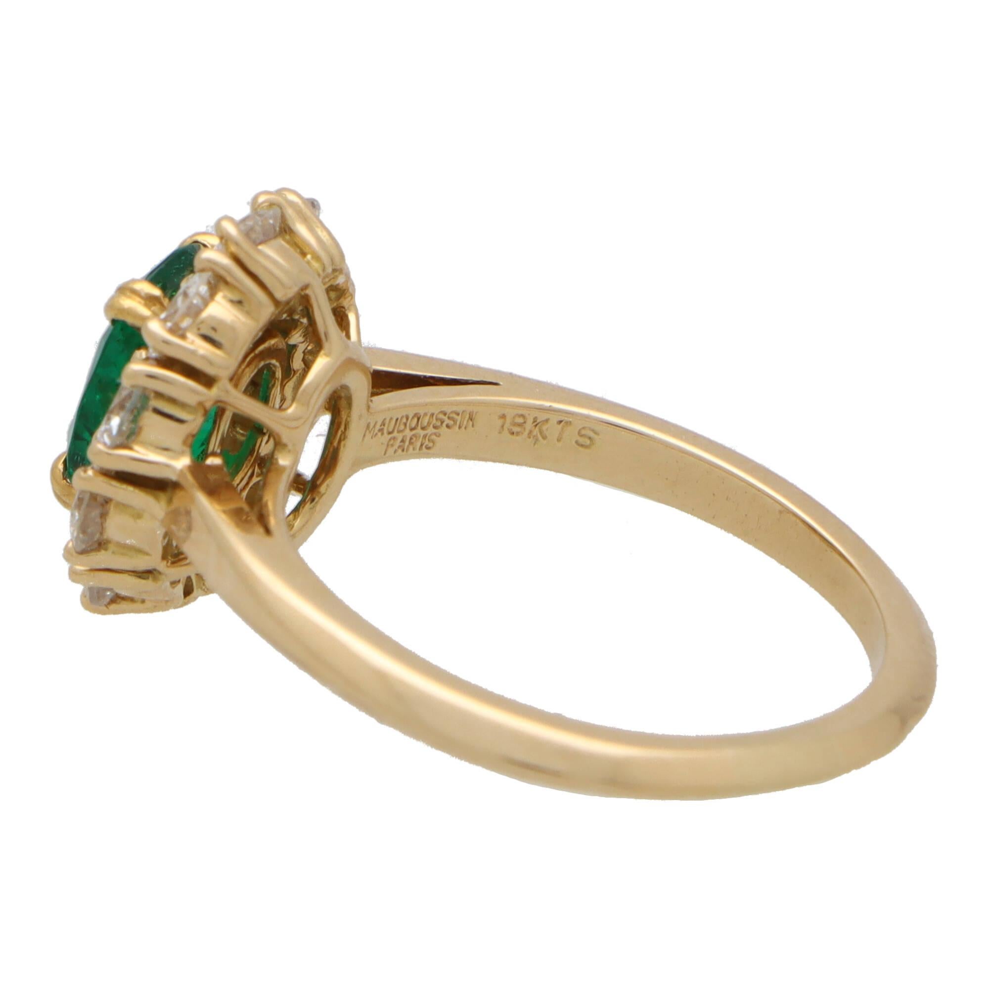 Vintage Mauboussin Emerald and Diamond Cluster Ring Set in 18k Yellow Gold In Excellent Condition In London, GB