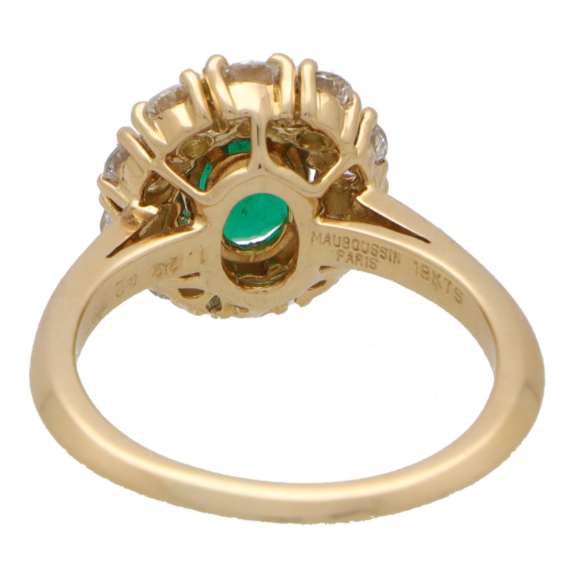 Women's or Men's Vintage Mauboussin Emerald and Diamond Cluster Ring Set in 18k Yellow Gold