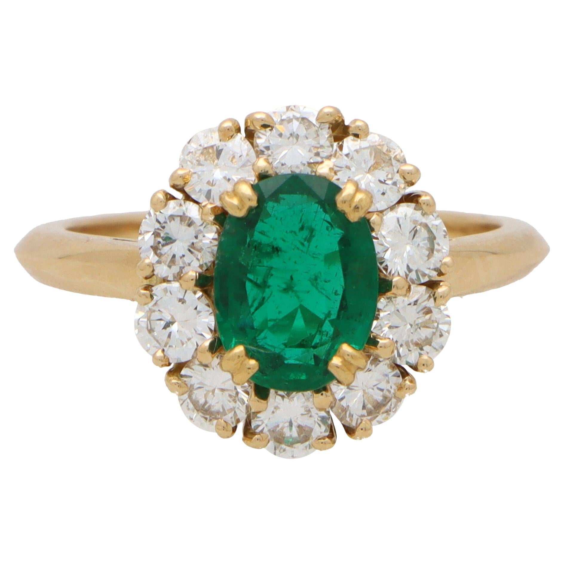 Vintage Mauboussin Emerald and Diamond Cluster Ring Set in 18k Yellow Gold