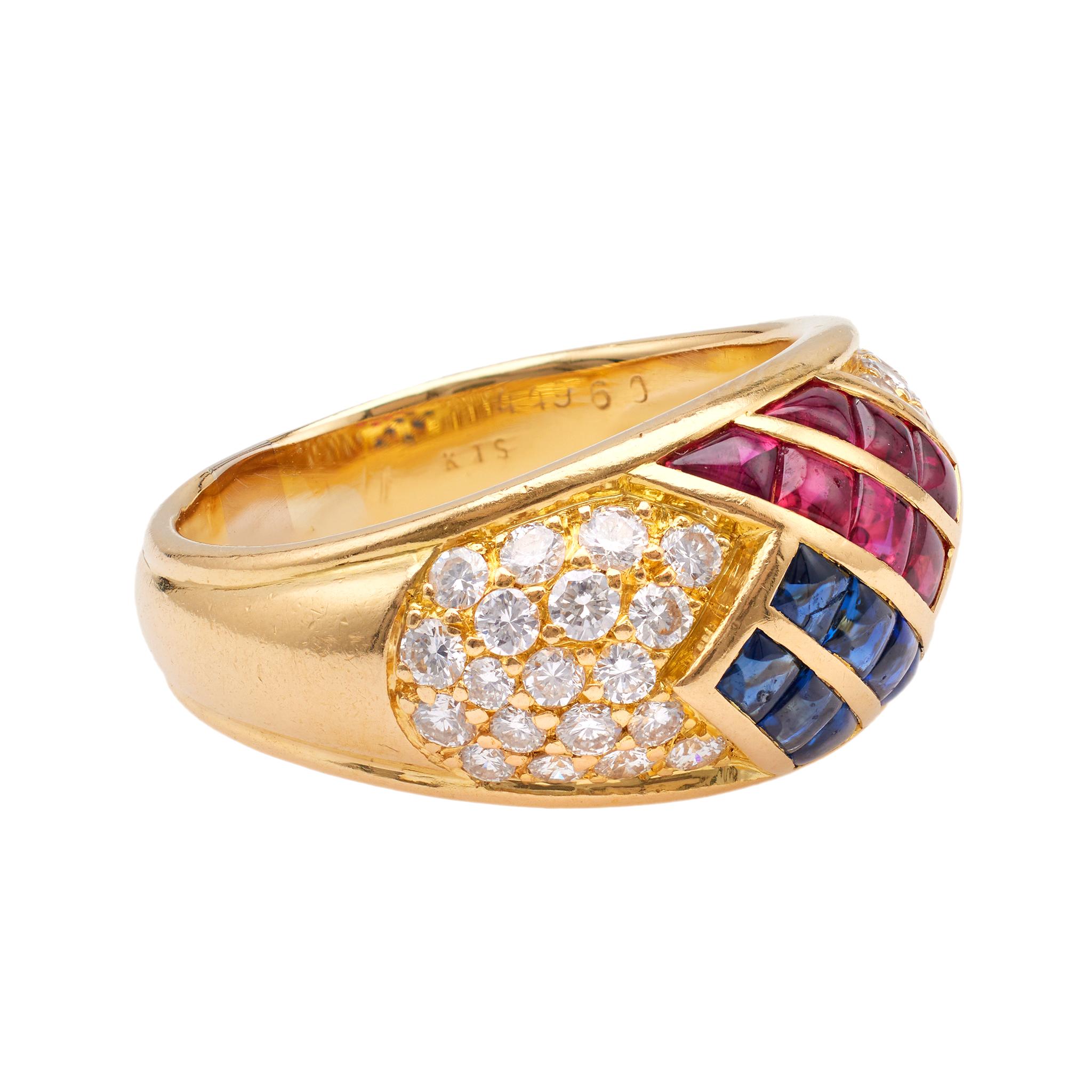 Women's or Men's Vintage Mauboussin French Ruby, Sapphire, and Diamond 18k Yellow Gold Dome Ring For Sale