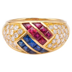 Retro Mauboussin French Ruby, Sapphire, and Diamond 18k Yellow Gold Dome Ring