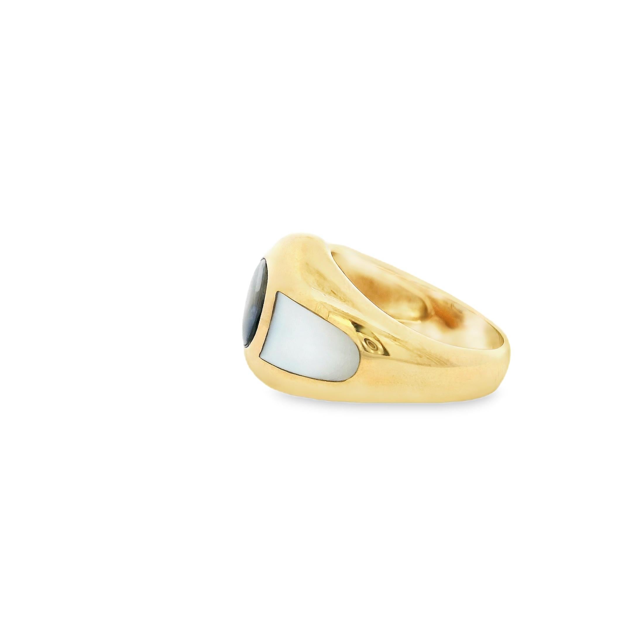 Modernist Vintage Mauboussin Iolite & Mother-of-Pearl Dome Ring in 18K Yellow Gold For Sale