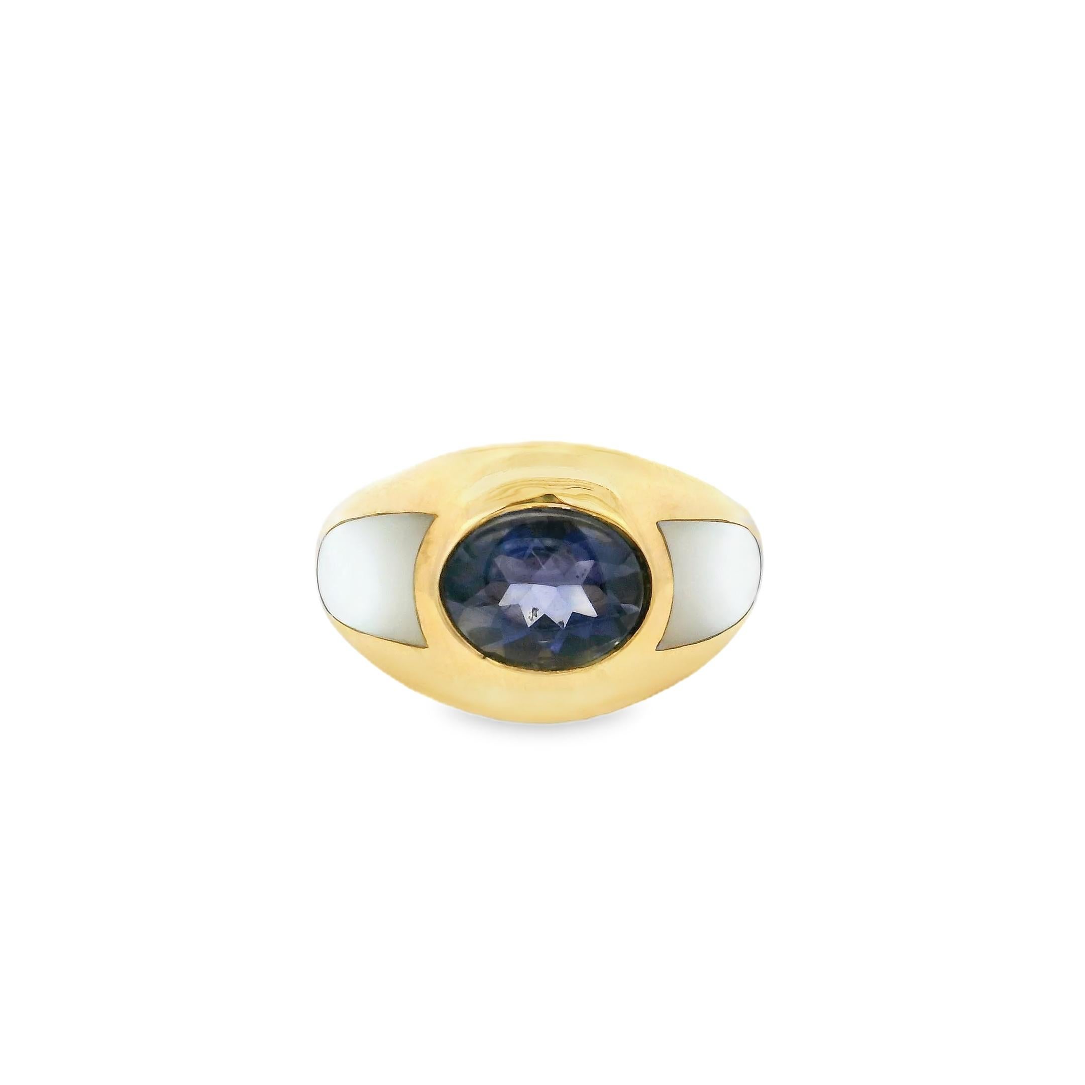 Oval Cut Vintage Mauboussin Iolite & Mother-of-Pearl Dome Ring in 18K Yellow Gold For Sale
