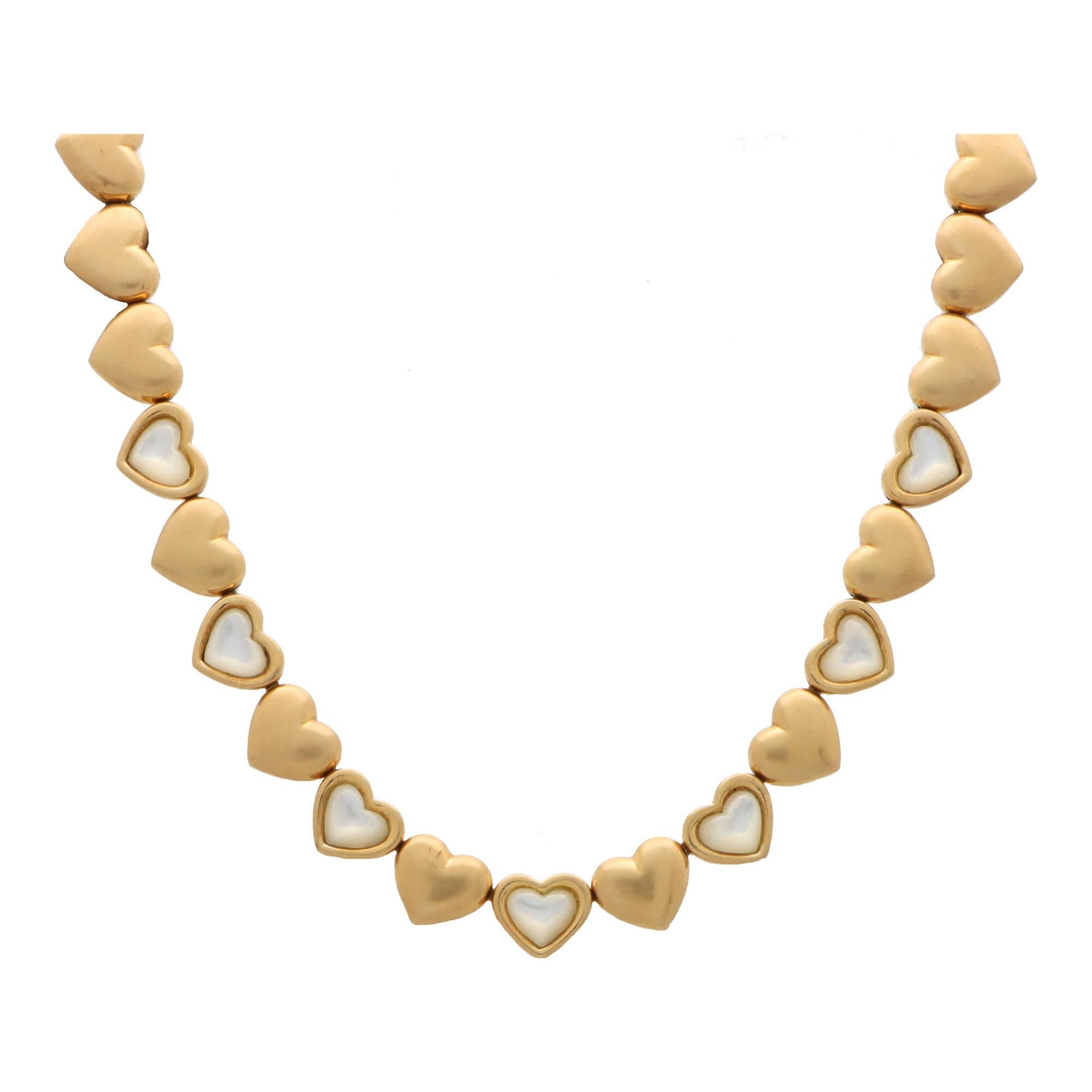 Retro Vintage Mauboussin Mother of Pearl Heart Necklace Set in 18k Yellow Gold For Sale