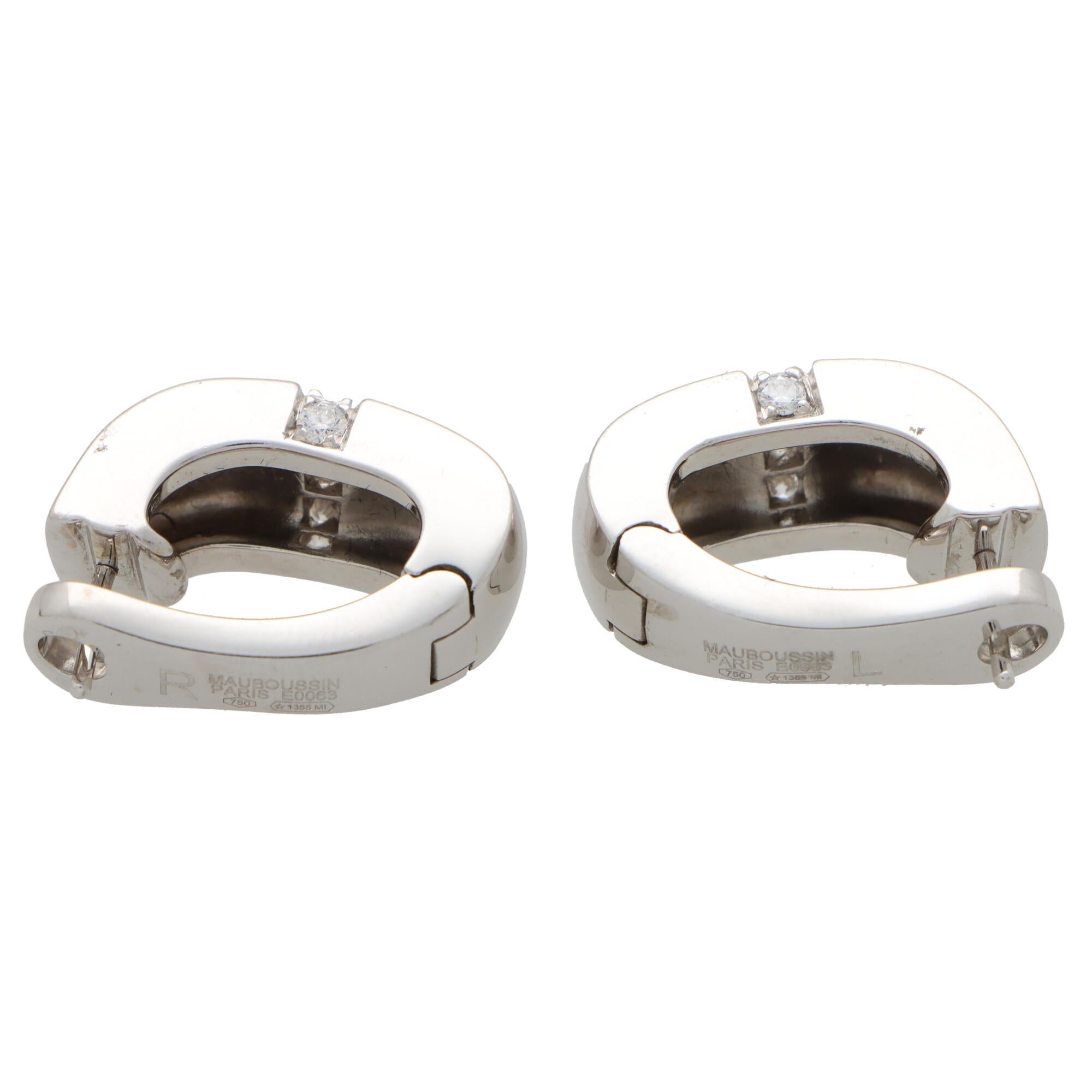Round Cut Vintage Mauboussin Paris Diamond Chunky Huggie Hoop Earrings in White Gold For Sale