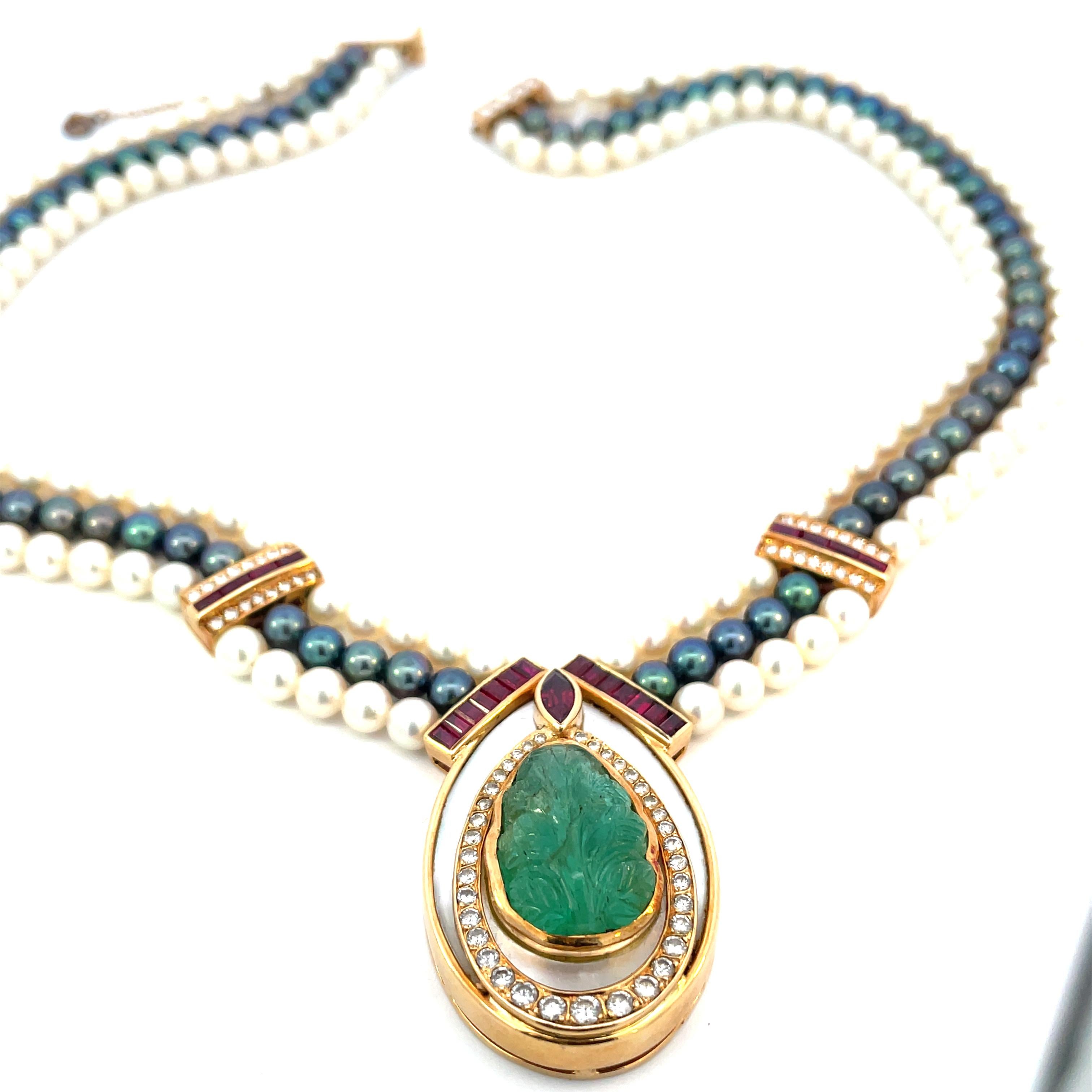 Round Cut Vintage Mauboussin Paris Emerald and Diamond Triple strand Pearls Necklace For Sale