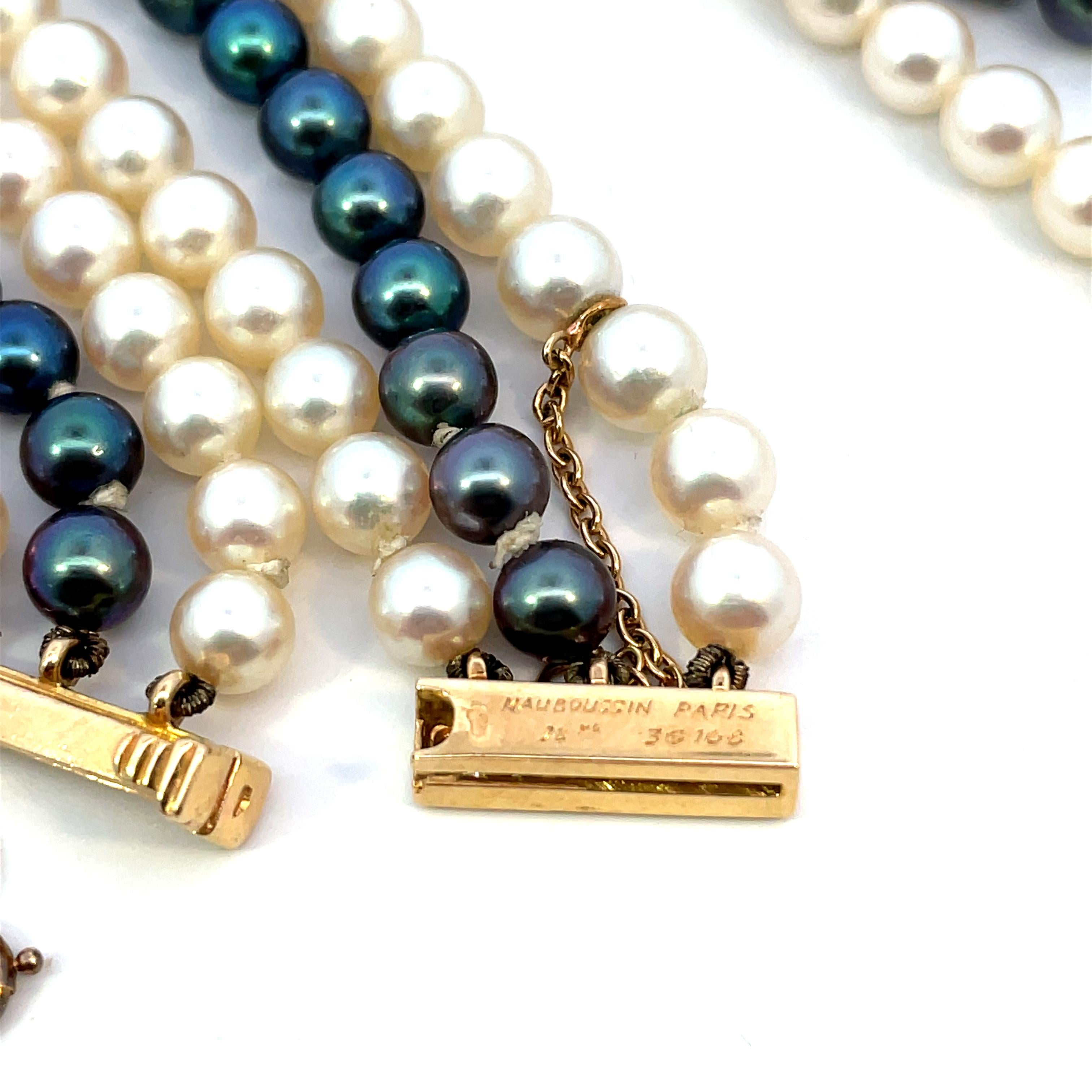 Women's or Men's Vintage Mauboussin Paris Emerald and Diamond Triple strand Pearls Necklace For Sale