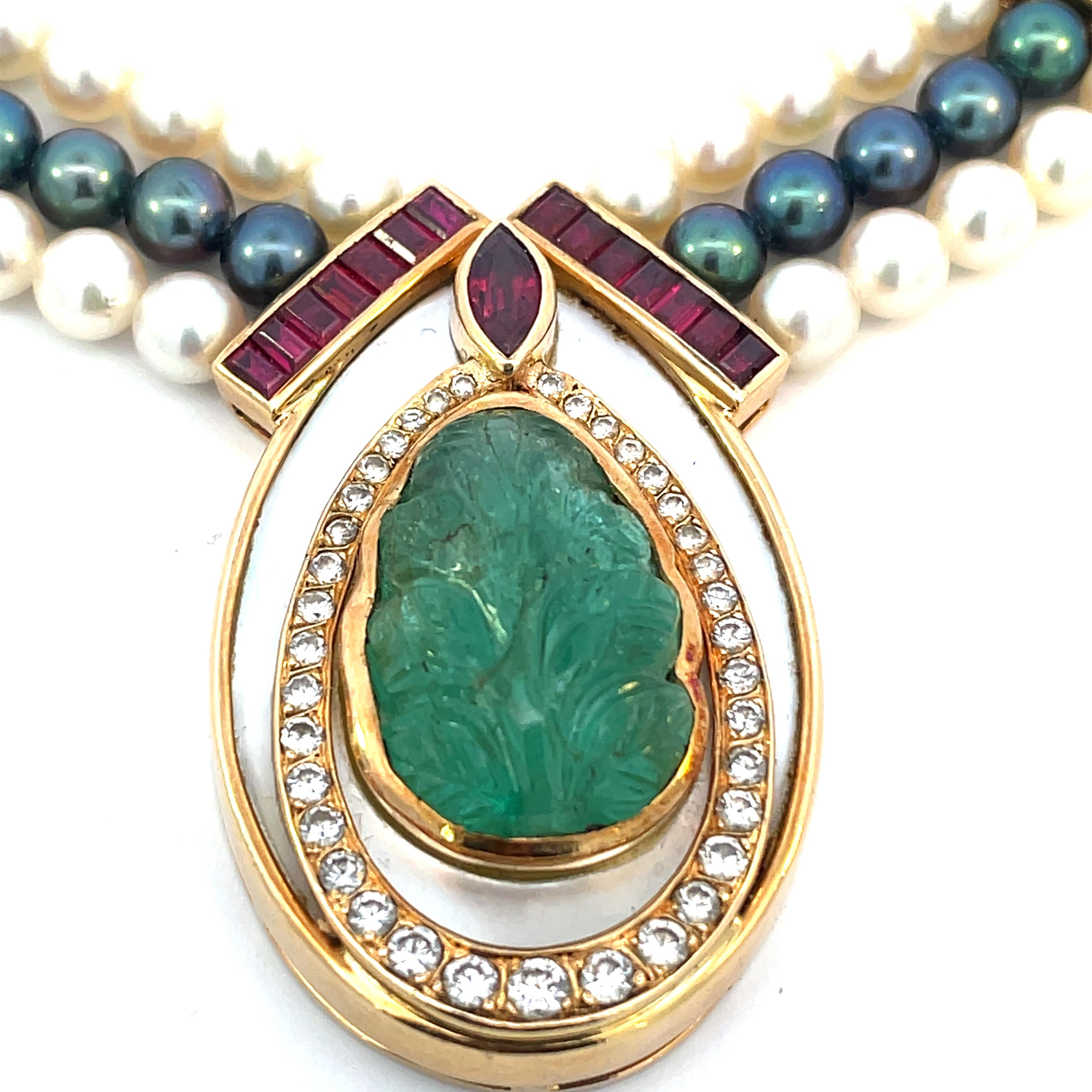 Vintage Mauboussin Paris Emerald and Diamond Triple strand Pearls Necklace For Sale 1
