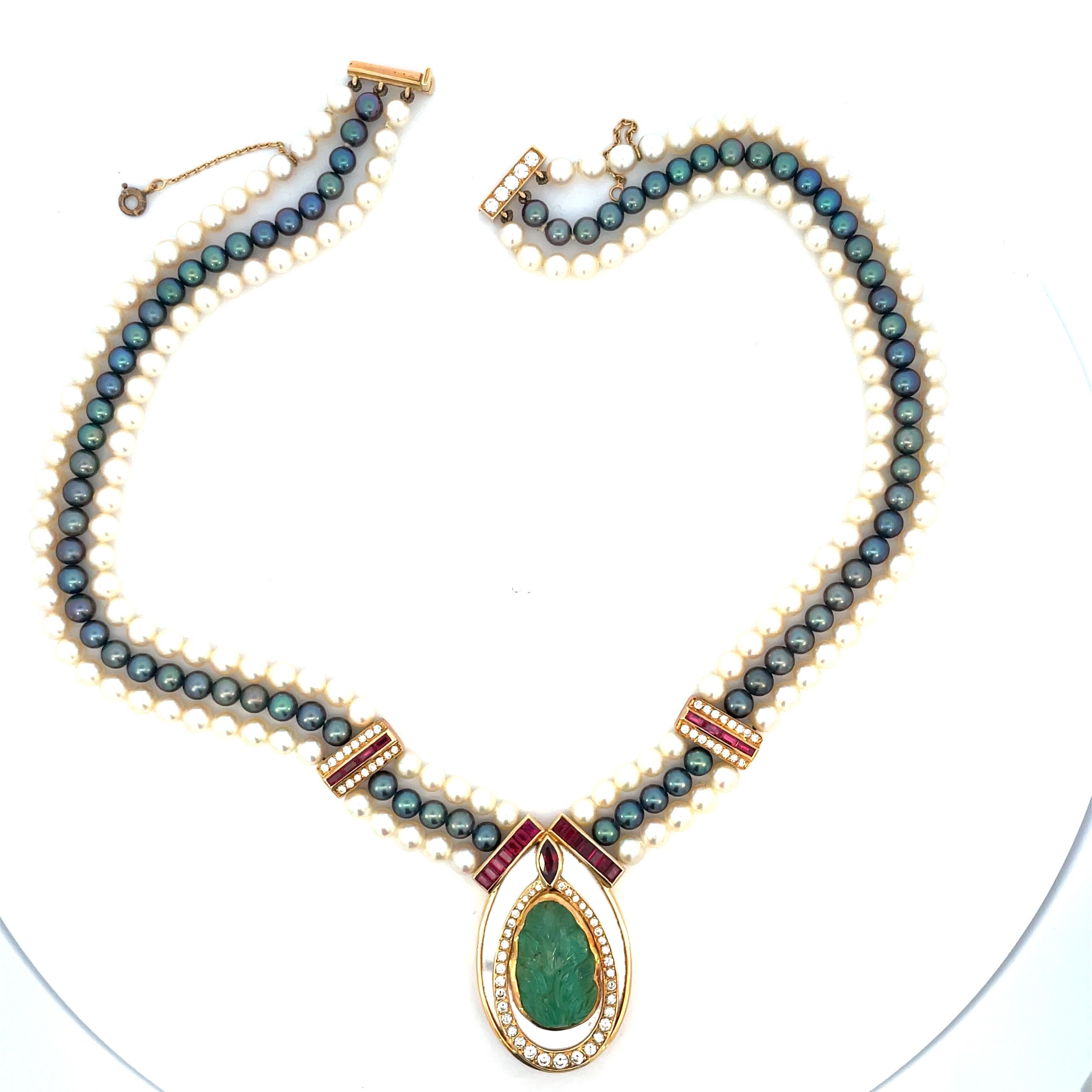 Vintage Mauboussin Paris Emerald and Diamond Triple strand Pearls Necklace For Sale 2